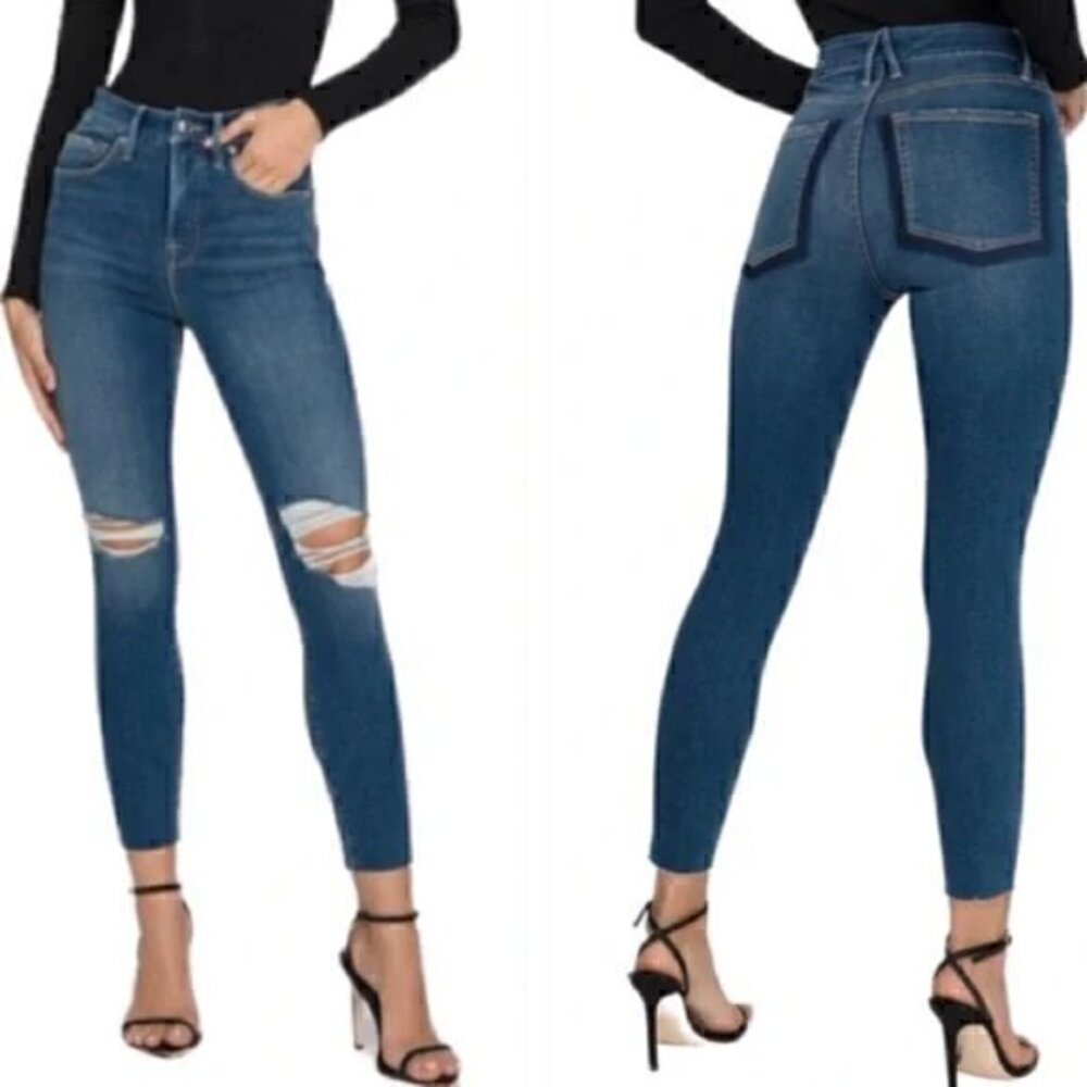 Good American Good Waist Crop Jeans Dark Wash Distressed Size 4/27